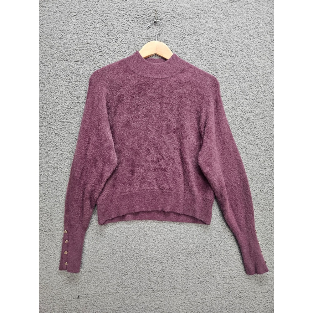 Bailey 44 Sweater Small Purple Mock Neck Button Cuff Fuzzy Eyelash Knit Cropped